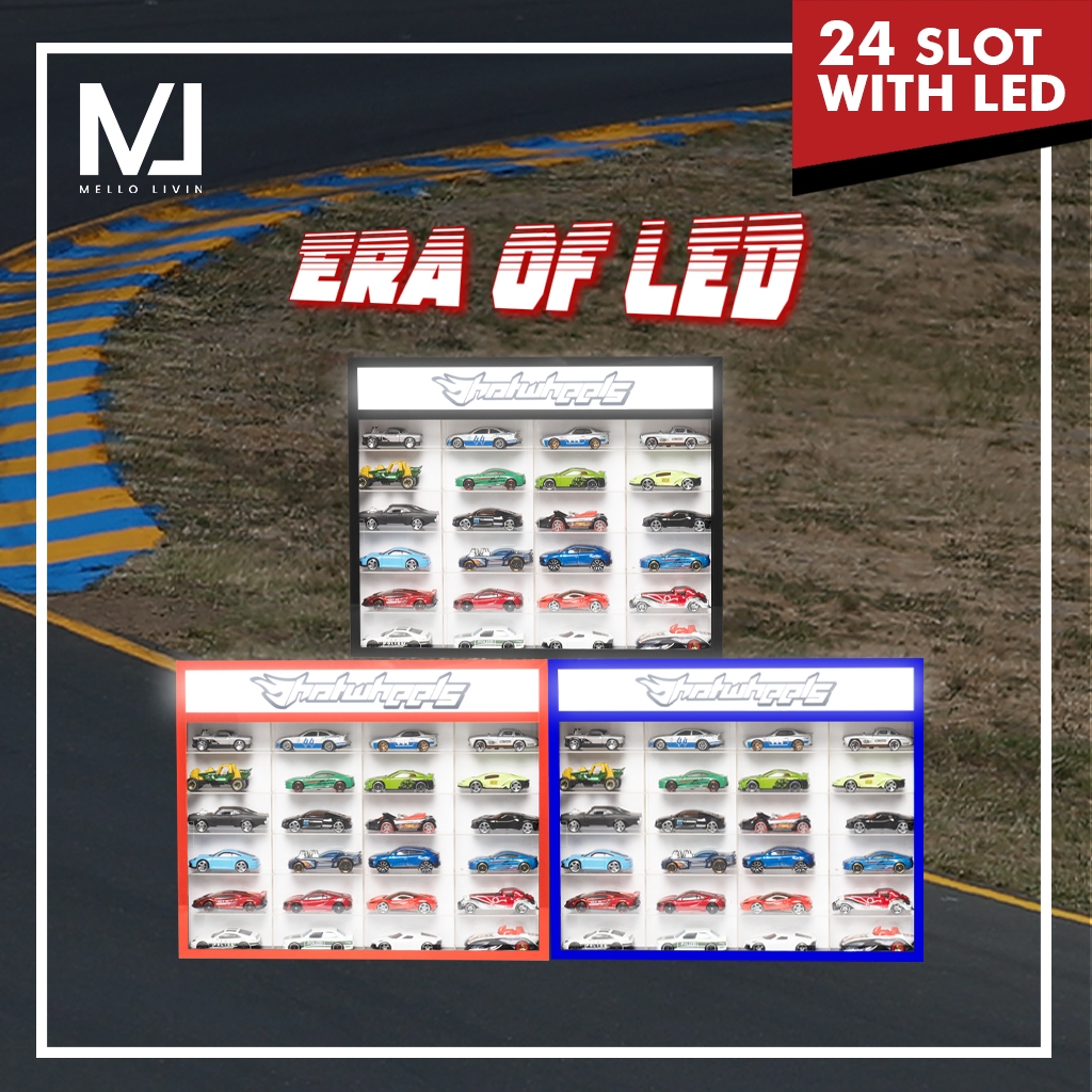 [DENGAN LAMPU] RAK HOTWHEELS LANDSCAPE HEADER ISI 24 SLOT AKRILIK LED EDITION SKALA 1:64