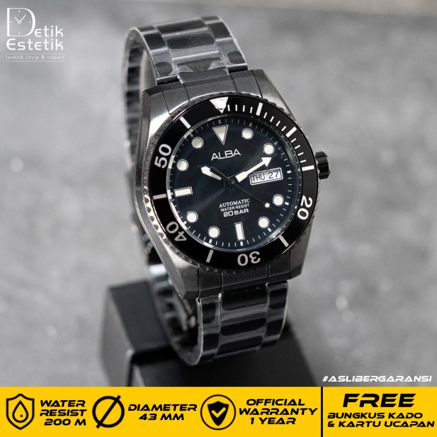 Jam Tangan Pria Alba AL4331 Automatic Divers Full Black Stainless Steel Original