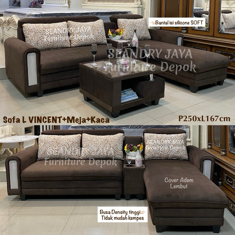 SOFA L VINCENT+MEJA+KACA/MINIMALIS KEKINIAN/SIMPEL/PROMO MURAH/SEANDRY JAYA Furniture Depok/cinere/c