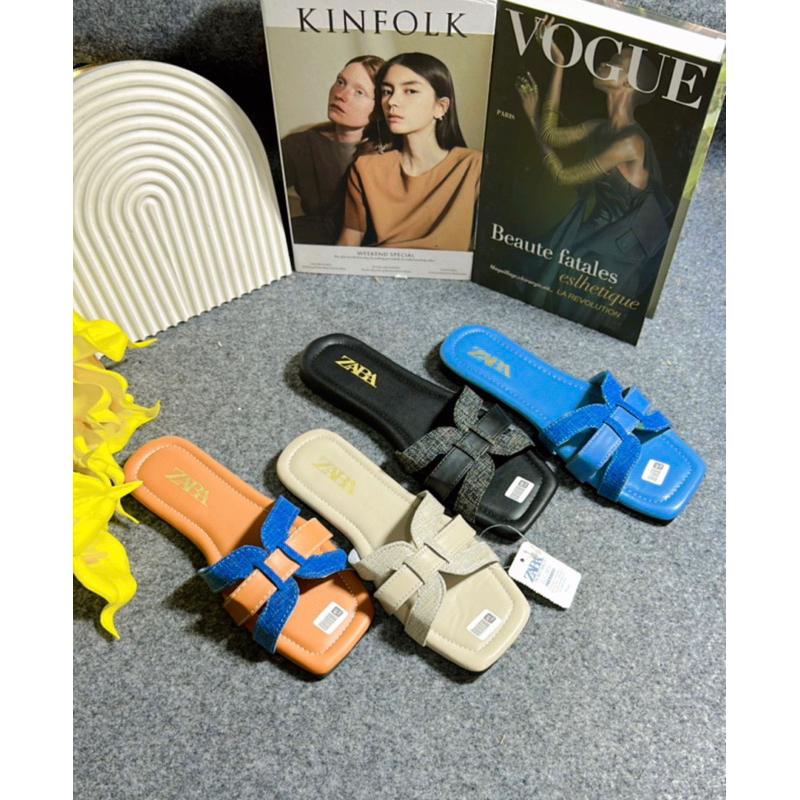 Sandal Selop Zara Flat Huruf H Melengkung Kombinasi Garis Polos Tengah Sandal Wanita Kekinian Kode S