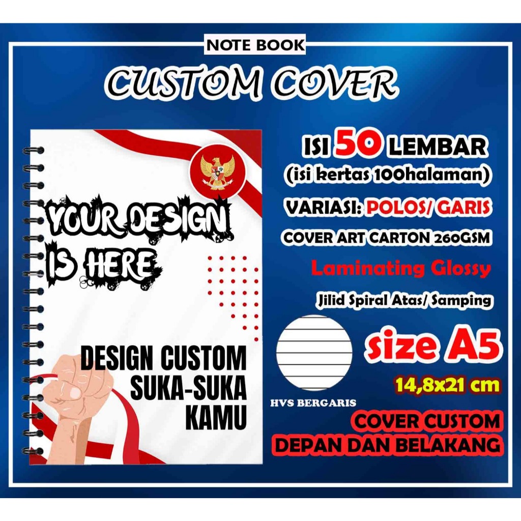 

Notes custom A5 / Notebook Spiral A5 POLOS/GARIS - Cover Depan belakang custom/ Isi 50 lembar - Minimal Pemesanan 6 pcs