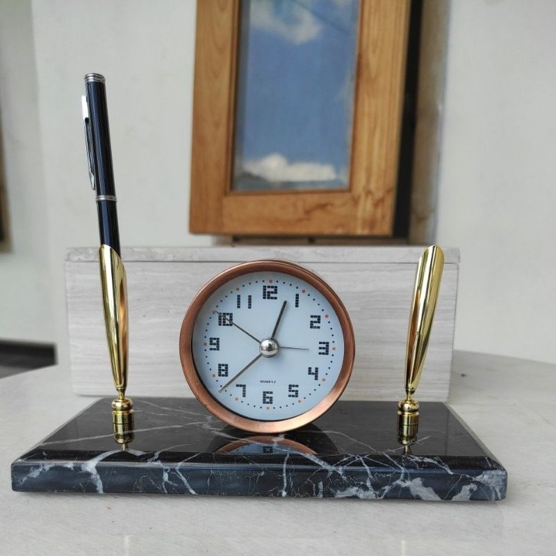 Tempat pena jam meja kantor marble marmer