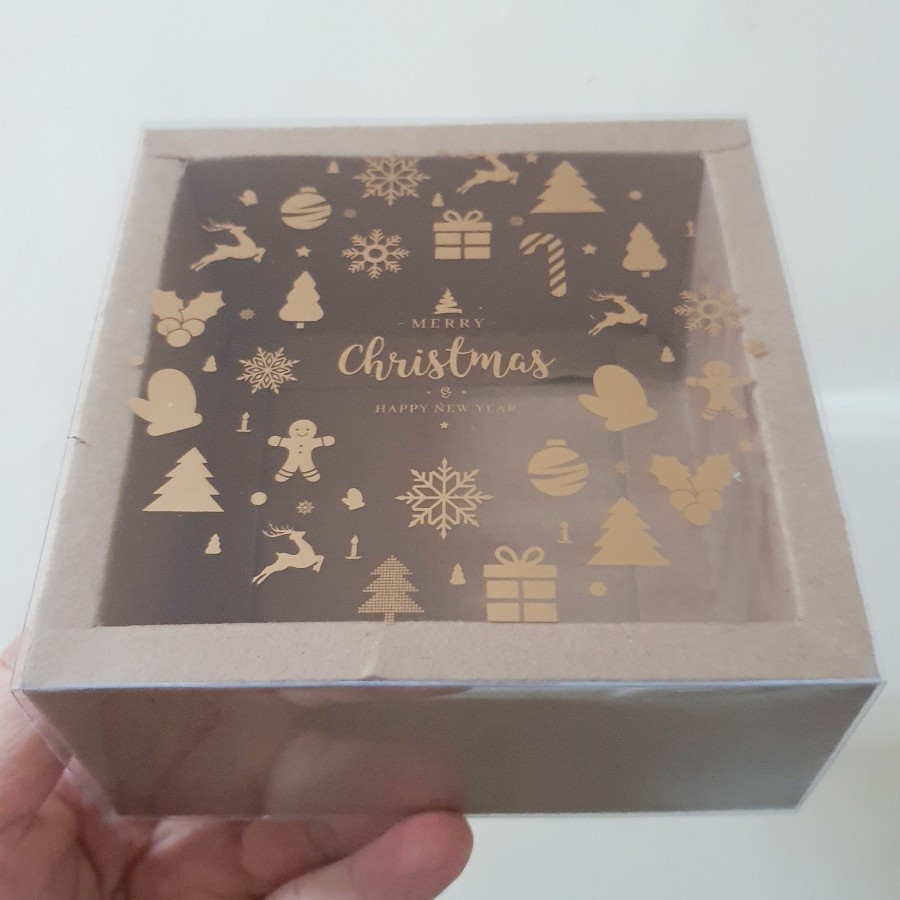 

( 5 pcs ) dus coklat mika transparan motif merry christmas kotak packaging kue lapis legit, bolu surabaya, chiffon ukuran 11x11x6 cm