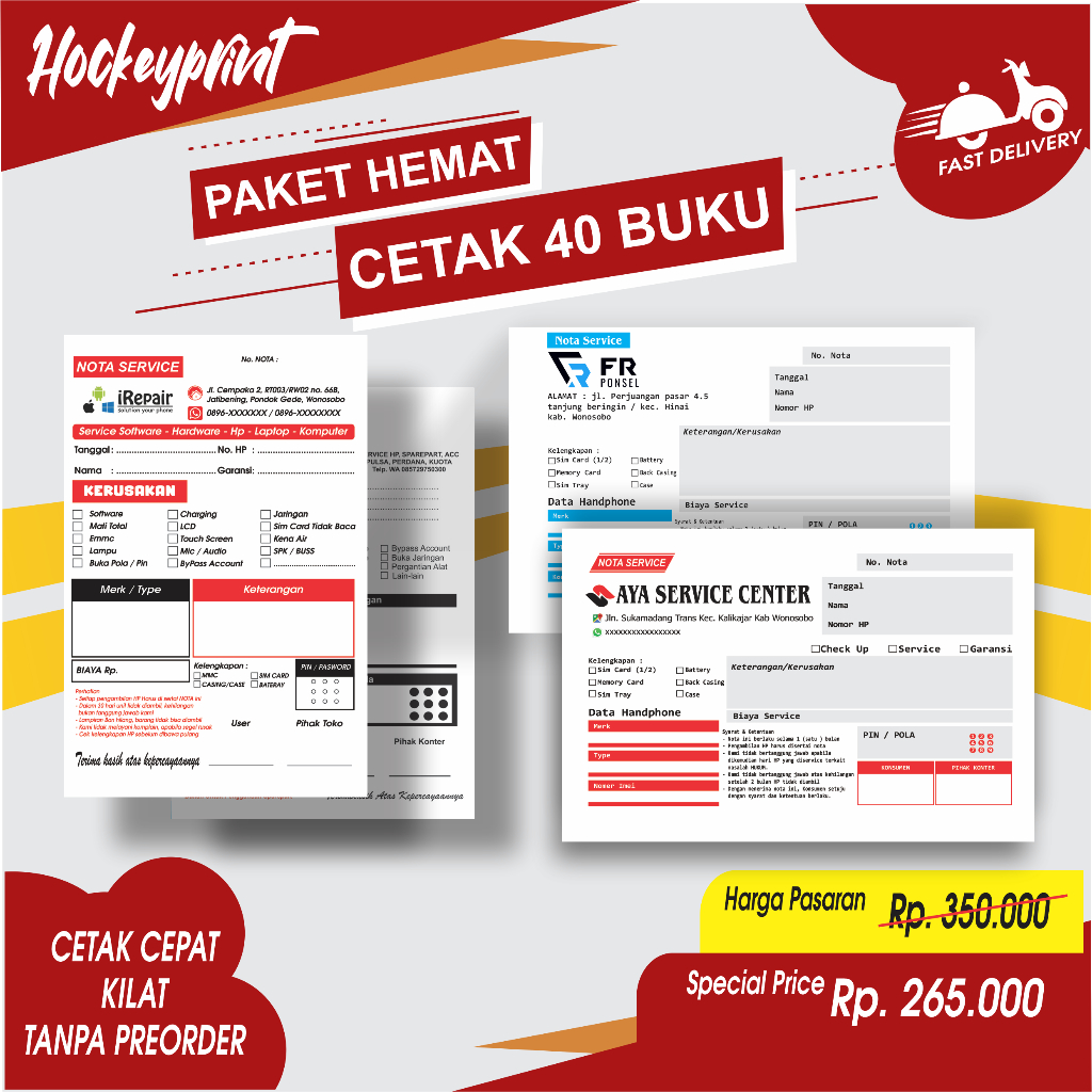 ( paket 1 rim  40 buku ) Nota service hp 2 play nota custom service hp free desain