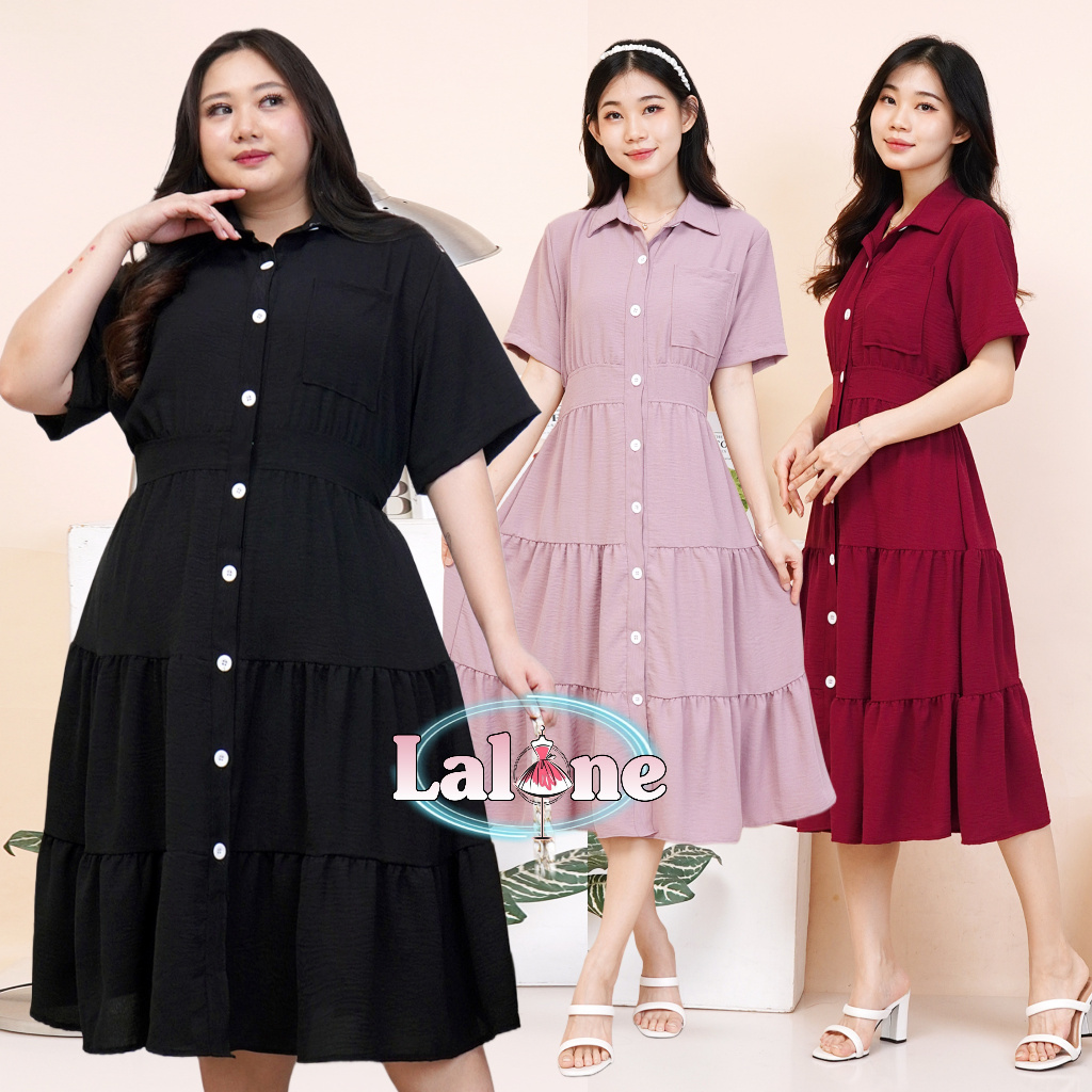Dress Big size Wanita Premium Gaun Wanita Kancing Hidup Lengan Panjang Terbaru Polos Lazola Lalone