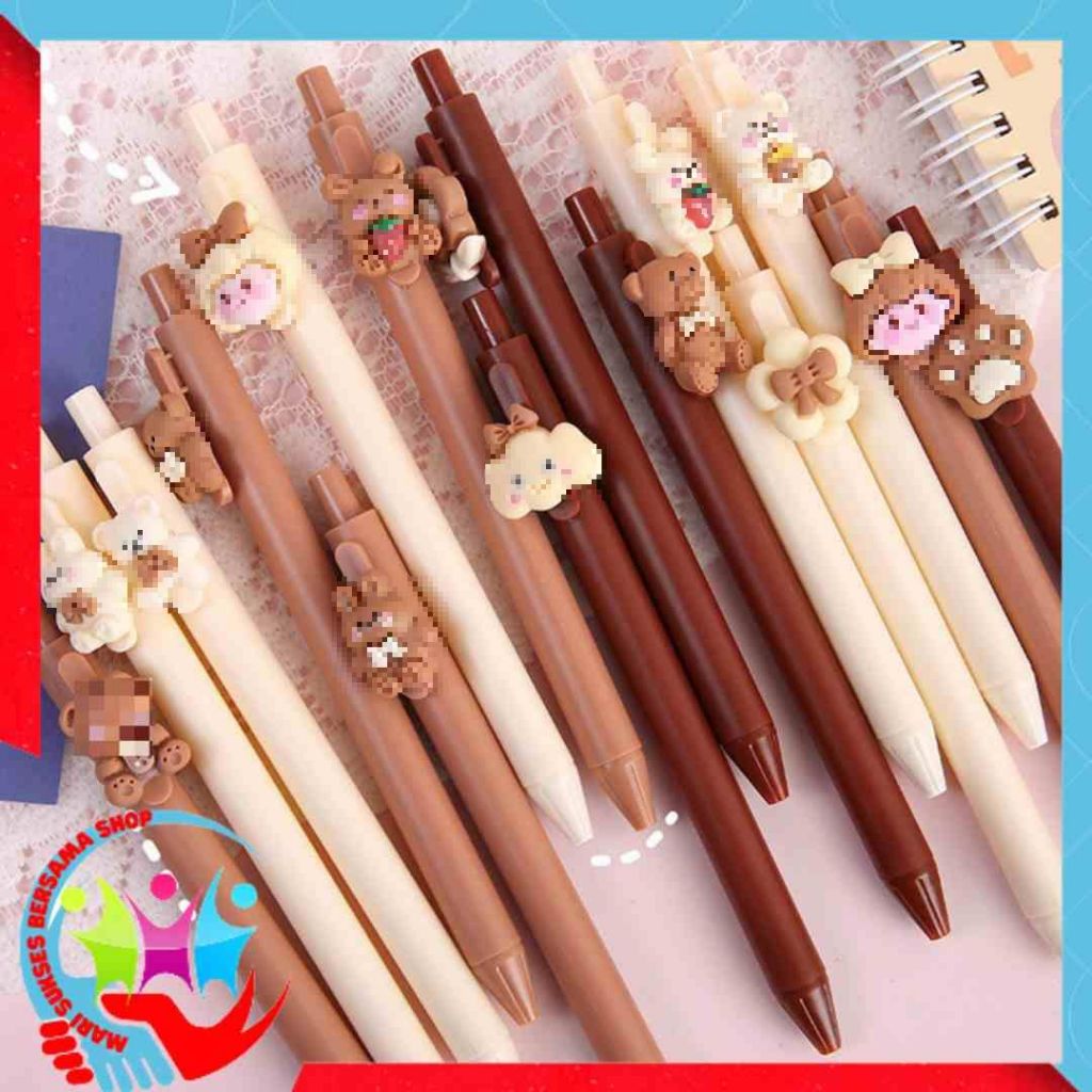 

MSBS Pena Cetekan Karakter Bear Pita Lucu Pulpen Tinta Gel Cair Hitam Motif Beruang Unik Alat Tulis Sekolah Kantor Stationary Murah