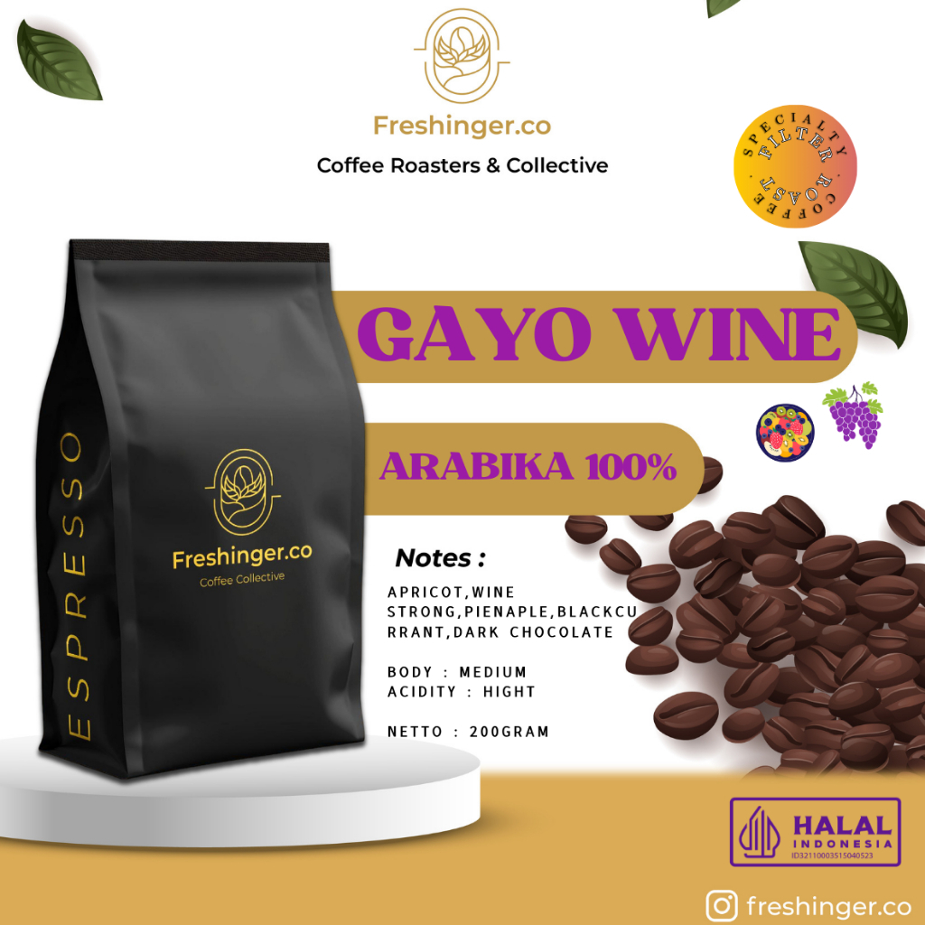 

ARABIKA ACEH GAYO WINE STRONG (SPECIALTY COFFEE) BIJI/BUBUK 200GRAM