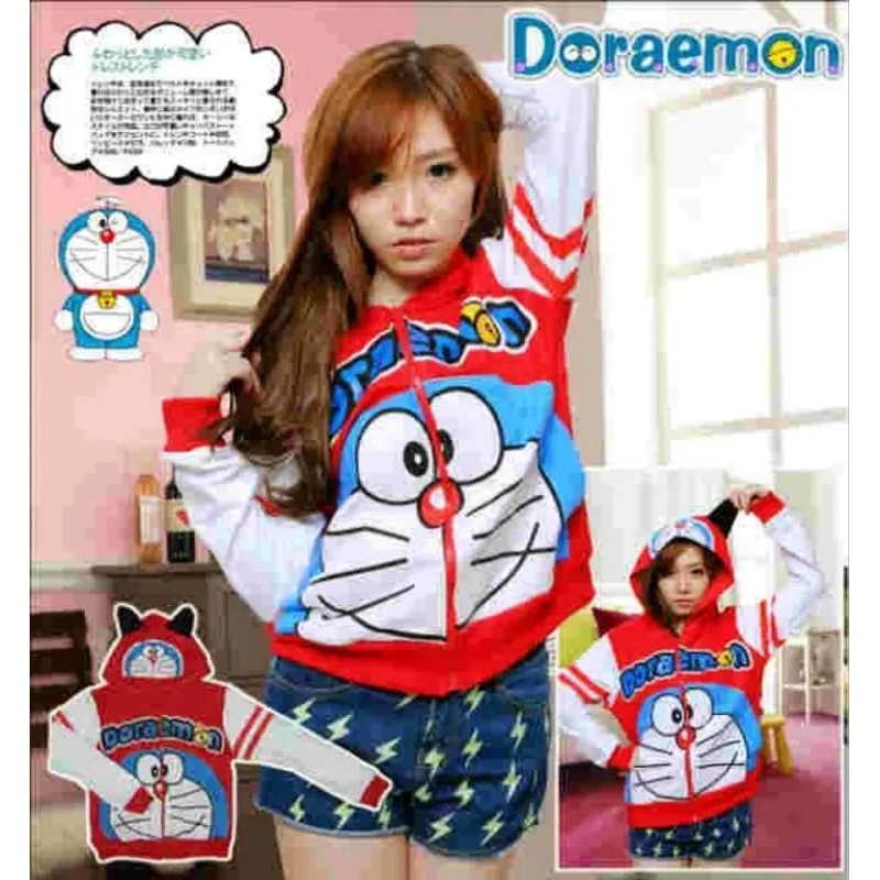 jaket doraemon merah biru two line stripe hoodie kuping