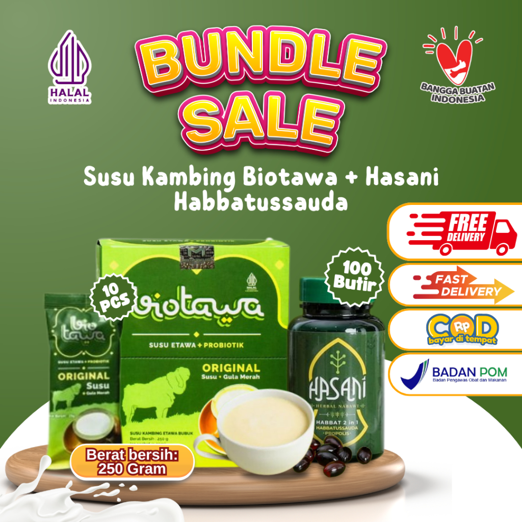 

Promo Bundling Susu Kambing Biotawa + Probiotik dengan Hasani Habbatussauda + Propolis