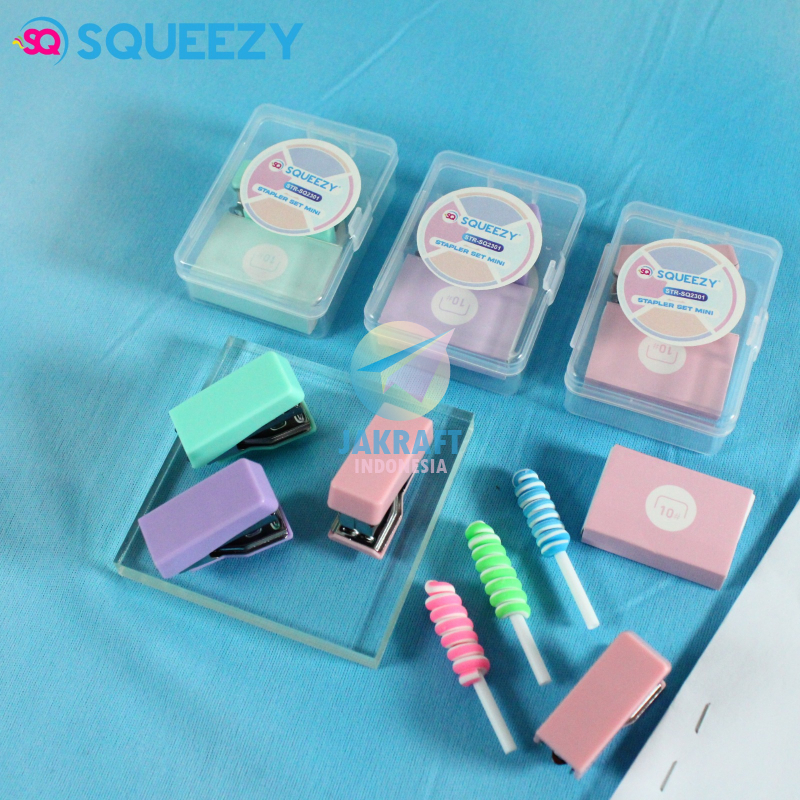 

(1 Set) Stapler Mini + Refill Isi Staples SQUEEZY STR-SQ2301 Pastel Set Paket Alat Steples Hekter Jepretan