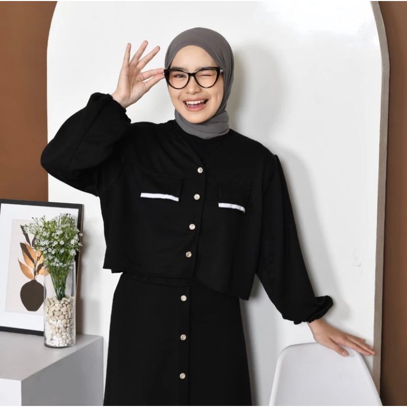 Mybamus Luna  - Setelan Atasan Crop Rok Wanita - One Set Crop - Rok Kancing - Outer Crop