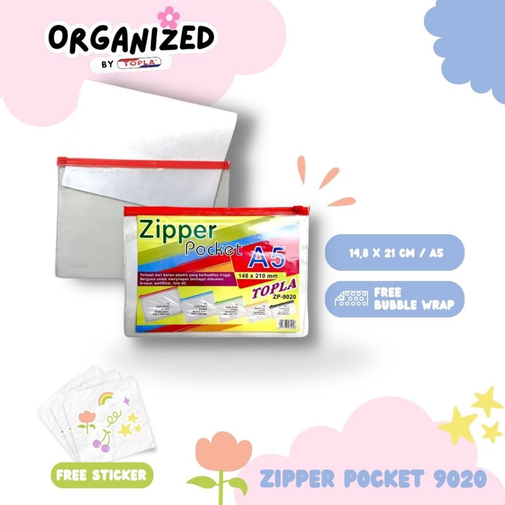 

Zipper Pocket Mika 9020 map plastik transparan A5 merah pouch serbaguna polos Topla