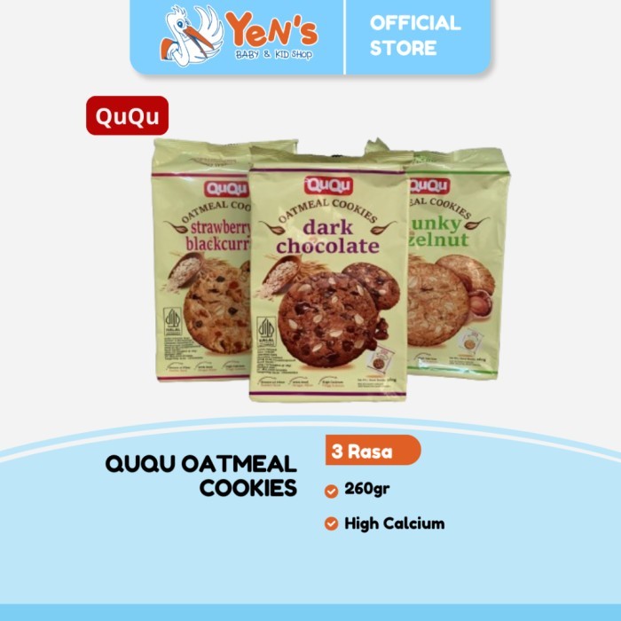 

QuQu Oatmeal Cookies drak chocolate,Chunky Hazelnut ,Strawberry blackcurrant 260gr (10 bungkus@26gr)