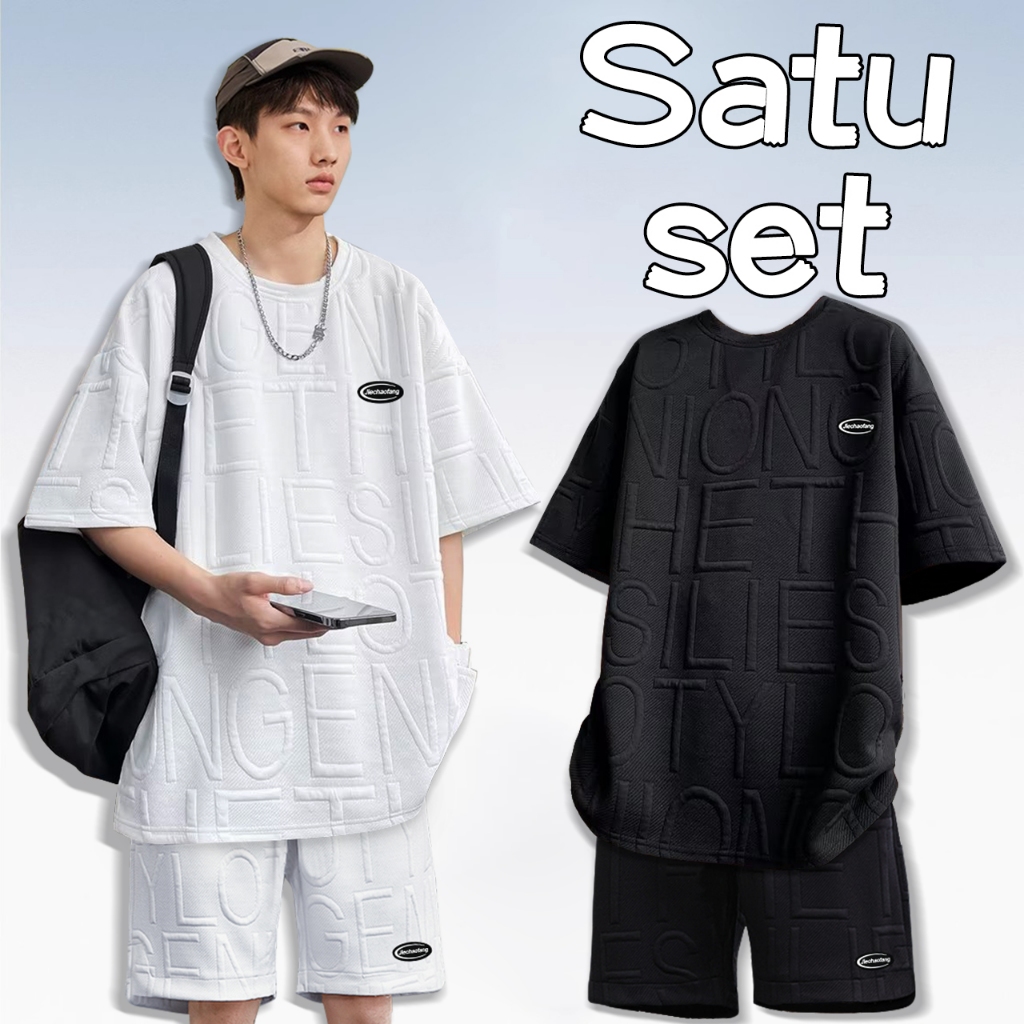 (New bahan tebal)Baju setelan pria Jacquard Kaos Oversize dan Celana Pendek Pria Katun Distro Cowok 