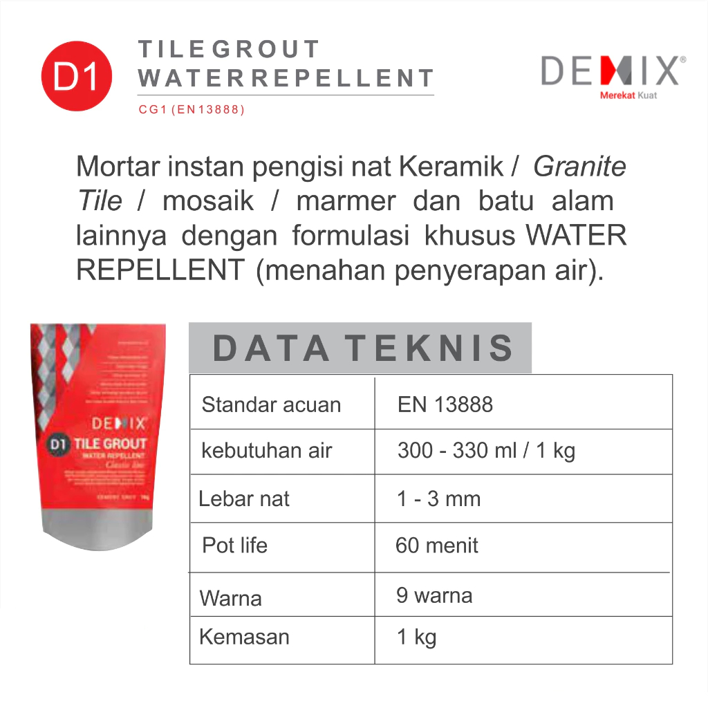 Semen Pengisi Nat Keramik & Granit DEMIX D1 Mortar Instan Tile Grout Water Repellent Tahan penyerapa