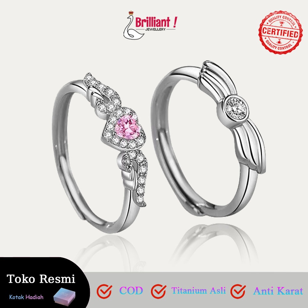 Cincin Pasangan Couple Adjustable Anting Titanium Asli Anti Karat Berlian Merah Muda Pria Wanita Cin