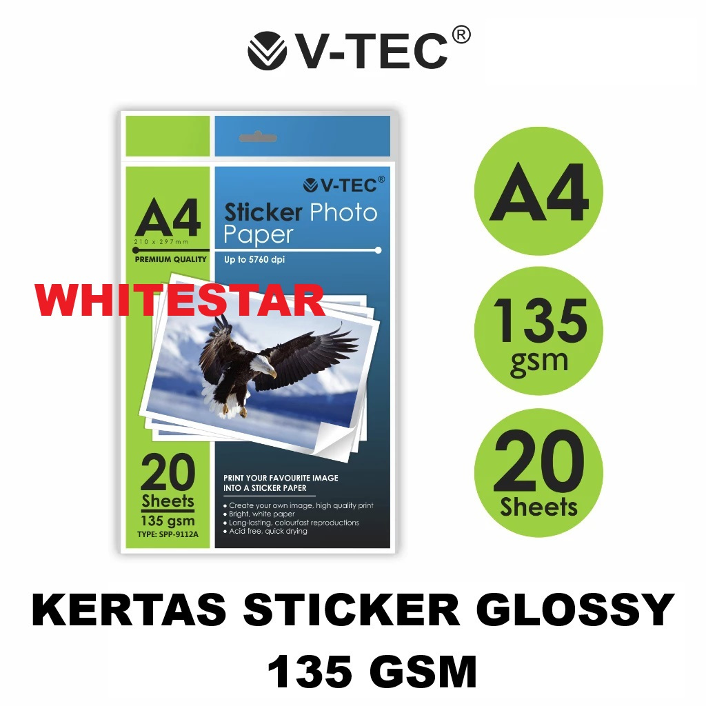 

kertas sticker glossy / photo paper A4 v-tec 135 gsm 20 lembar vtec