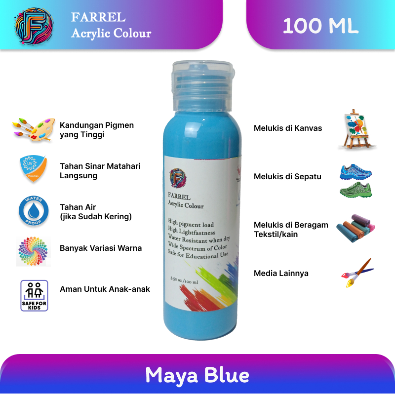 

Cat Akrilik / Lukis / Kanvas / Mural Farrel Acrylic Paint Colour 100ml Warna Maya Blue