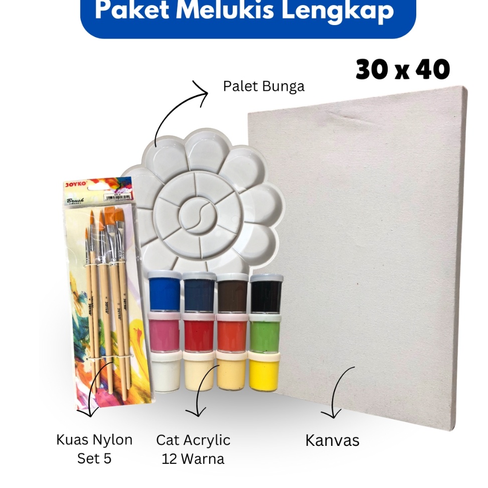 

Lebih Murah Paket Melukis Lengkap Set Lukis PerlengkapanSet 4 in 1 Set Kanvas 3 x 4 cm Kuas Palet Cat Acrylic isi Lebih banyak 12 ML Set ART ASIA