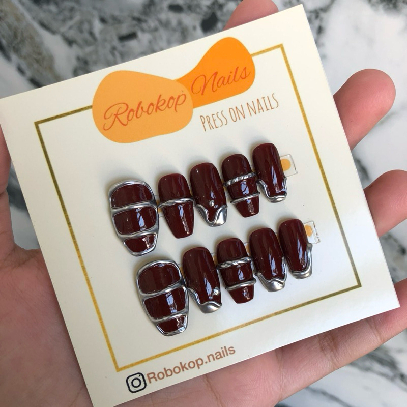 Fake Nails Press On Nails Maroon Silver Simple 3D