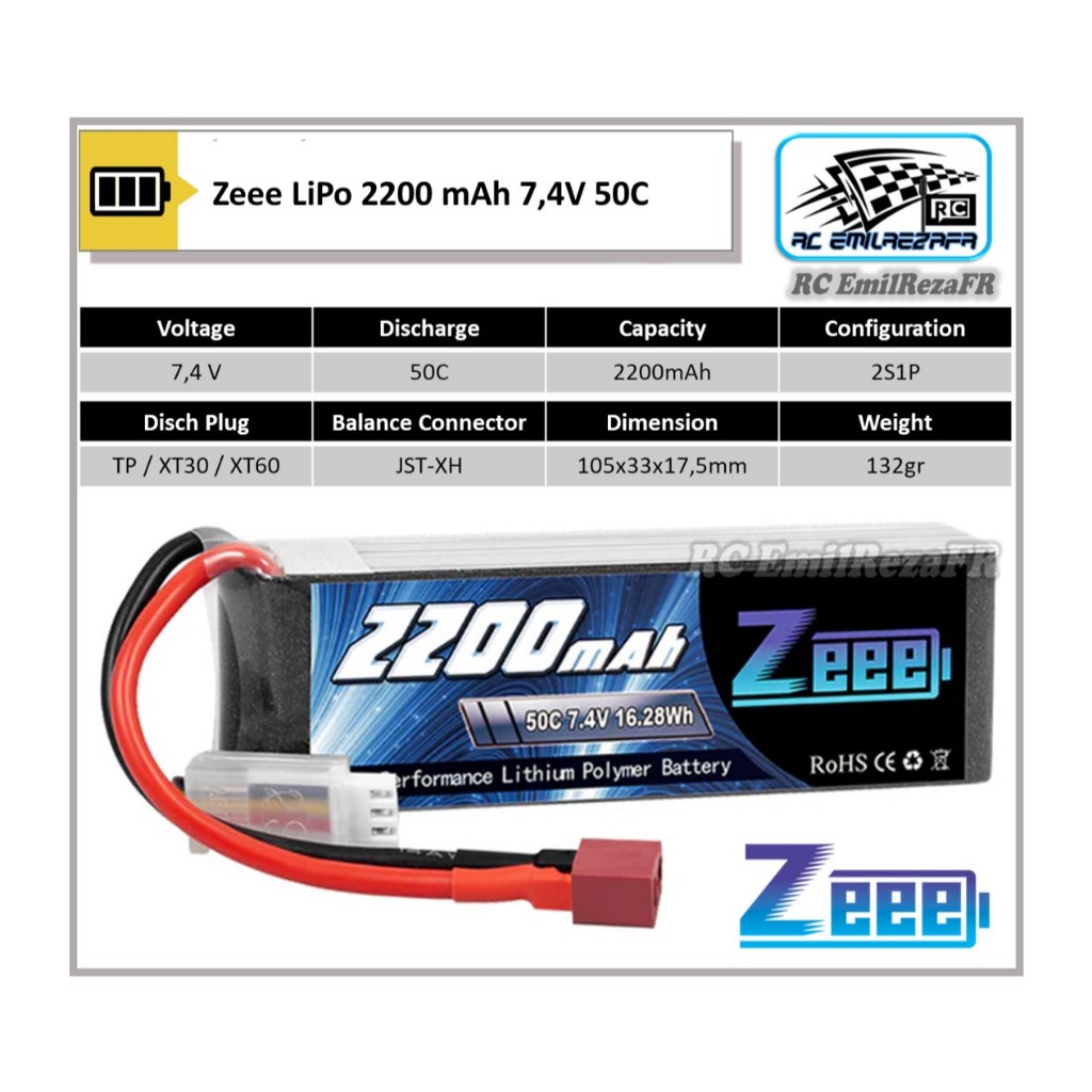 Baterai LiPo Zeee Power 2S 7,4V 2200mAh 50C RC Car