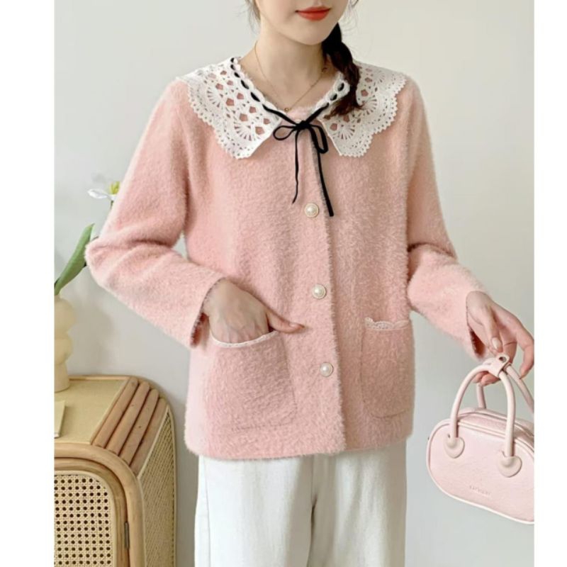 H315 Baju atasan outer luaran LIBBYTA LACE COLLAR FUZZY FUR CARDIGAN rajut Korean style wanita premi