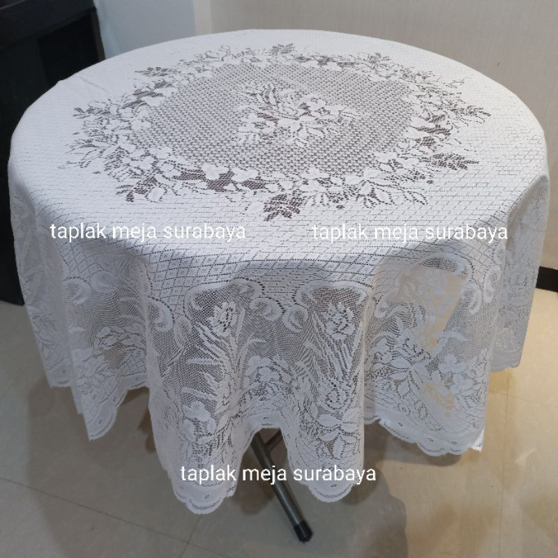 Taplak Meja Bulat Bundar 4 - 6 Kursi Diameter 180 cm Kain Brokat Warna Putih Bersih Klasik Vintage