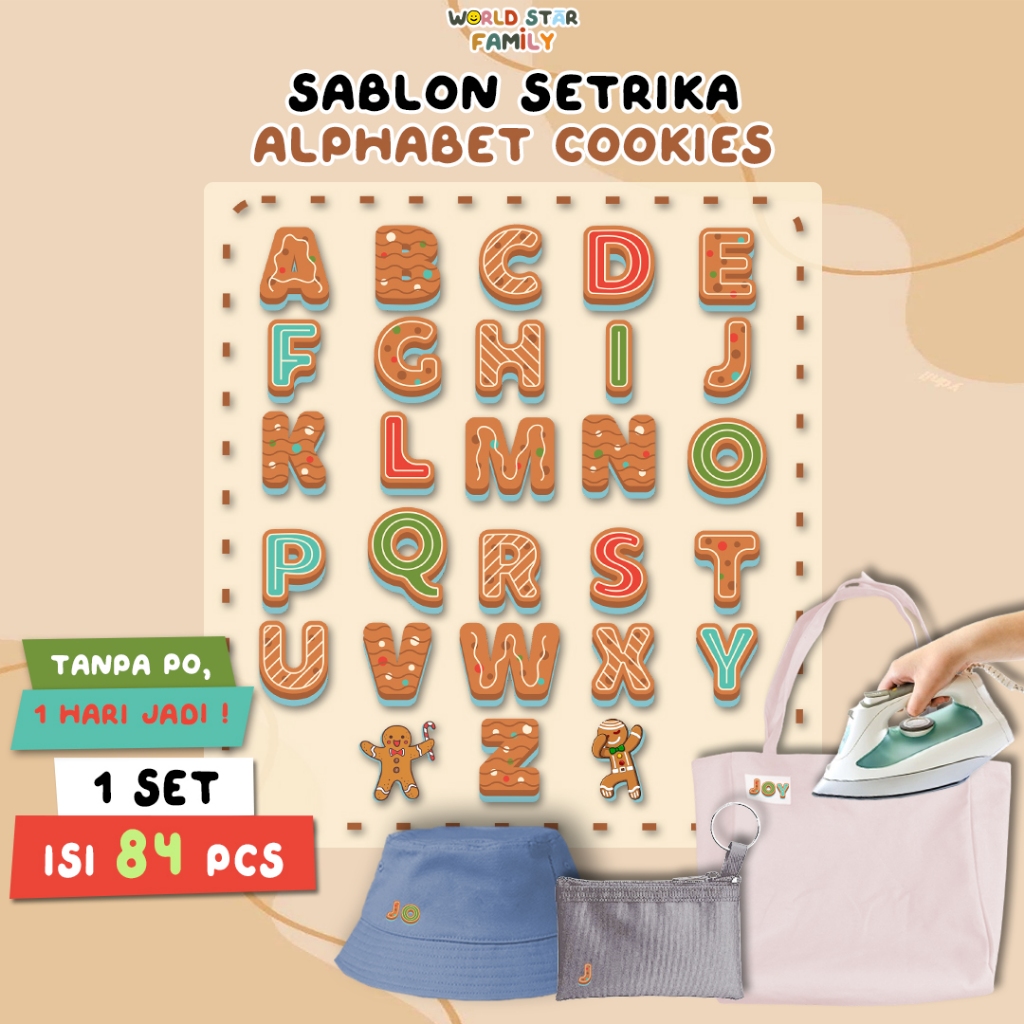 

WSF Stiker Kain ALPHABET COOKIES SERIES ABJAD LUCU 1 set Isi 84pcs Sablon setrika Stiker label STIKER LABEL BAJU MURAH Sablon DTF