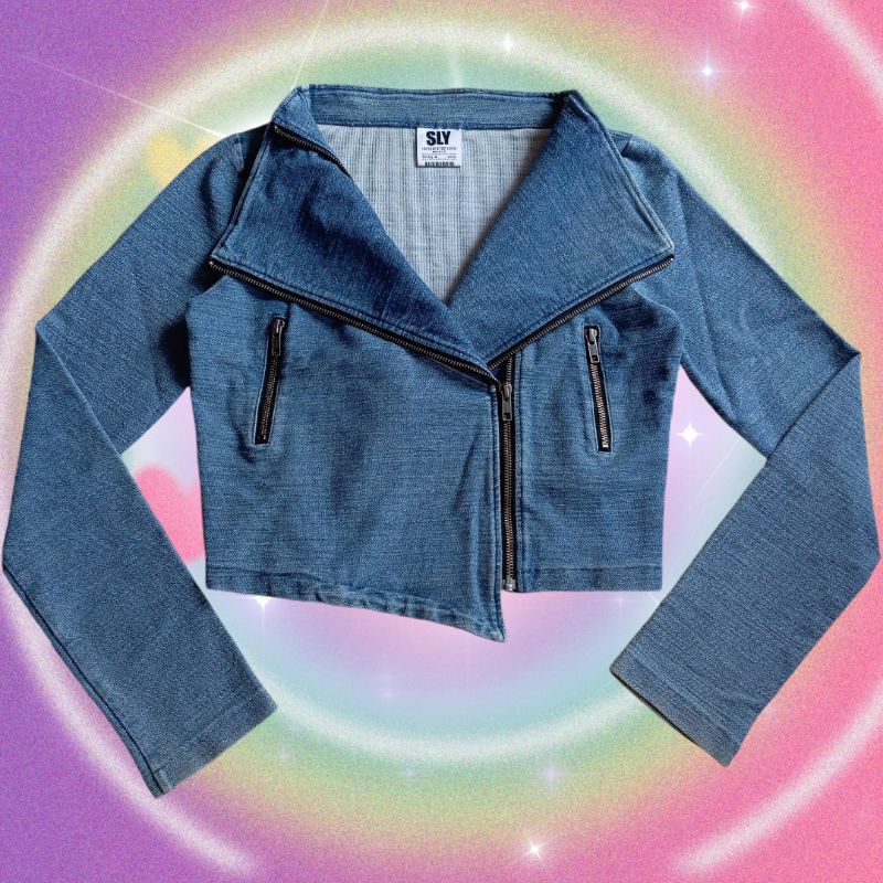 00S SLY HYSTERIC GLAMOUR CROP FITTED DENIM MOTO BIKER JACKET