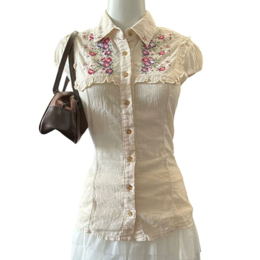 Floral Embriodery Milkmaid Puffy Top | Coquette Cottagecore shabby Mori lolita harajuku babydoll dol