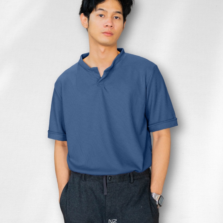 KP8 Nawla  Baju Atasan Pria Lengan Pendek Bahan Waffle Knit Berkerah V Neck  Kaos HM  Kaos Uniqlo