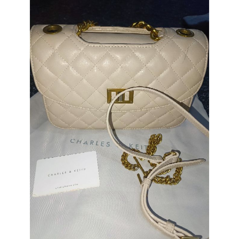 ORIGINAL CHARLES & KEITH QUILTED CLUTCH BEIGE SLING BAG [PRELOVED 1X pakai]