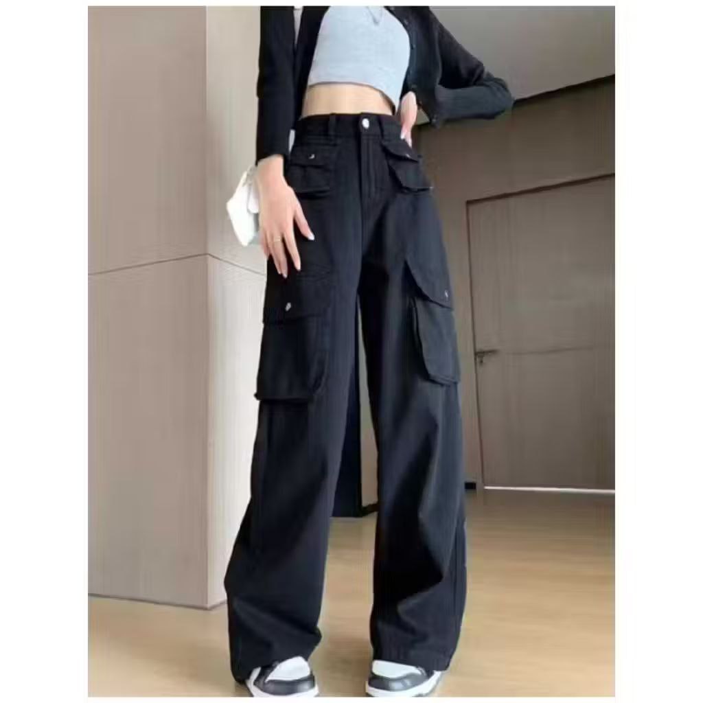 Celana Cargo Pants Wanita Highwaist Loose Korean Style Jumbo - Cargo Jeans Wanita Denim Highwaist Lo