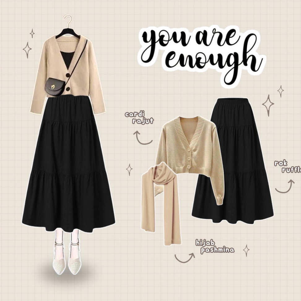 Super Pembelian Oneset Cardigan Korean Style Cardigan Rajut Rok Hitam Ruffle Hijab Pashmina Outfit R