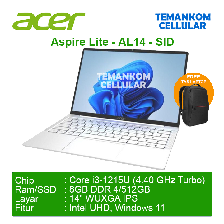 Laptop ACER Aspire Lite 3SID 3BID  Intel Core i3-1215U RAM 8GB SSD 512GB Garansi RESMI