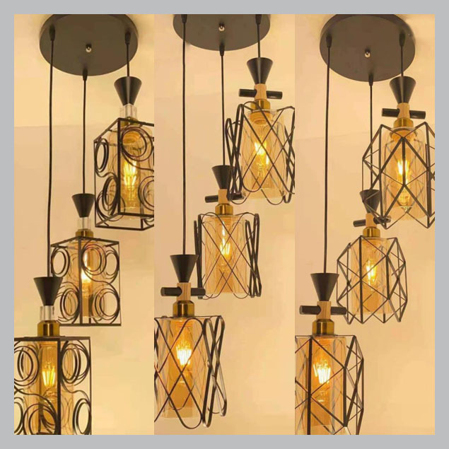 lampu hias gantung susun 3 rangka besi plus kaca minimalis elegan modern lighting living dining tabl