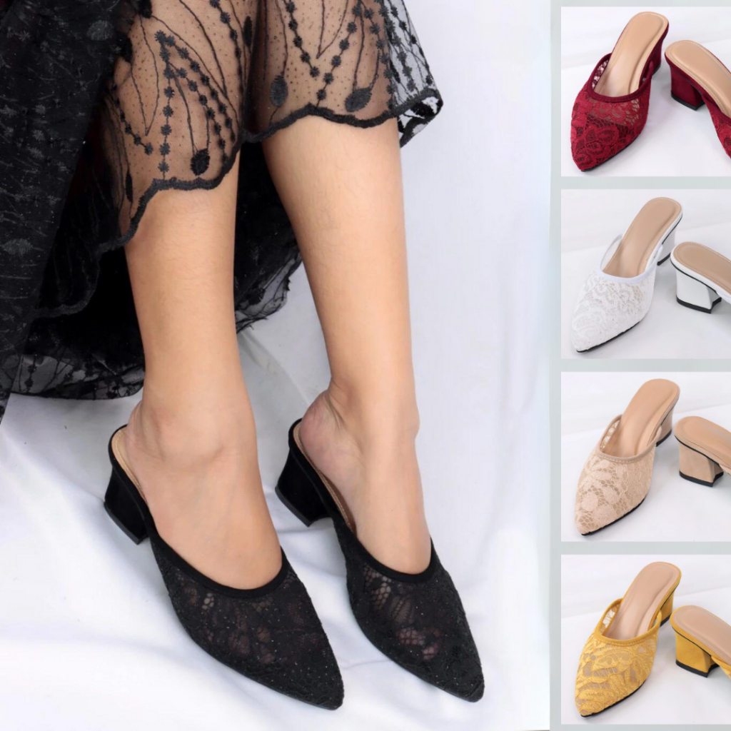 Sandal Kondangan Brokat Kombinasi Jala Transparan Selop Pengantin Banyak Pilihan Warna Hak Custom