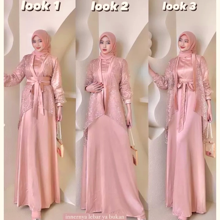 Hadir Meriah  Veloxa Dress Fuji 3 In 1 Dress satu Set Inner Outer Kimono Queenbee Fashion Gamis Musl