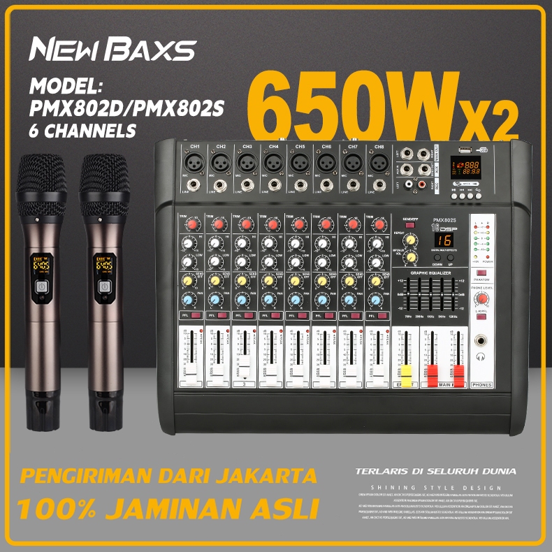 NEW BAXS PMX802 audio mixer Amplifier with equalizer Professional Wireless Microphone 3-in-1 , 650W 