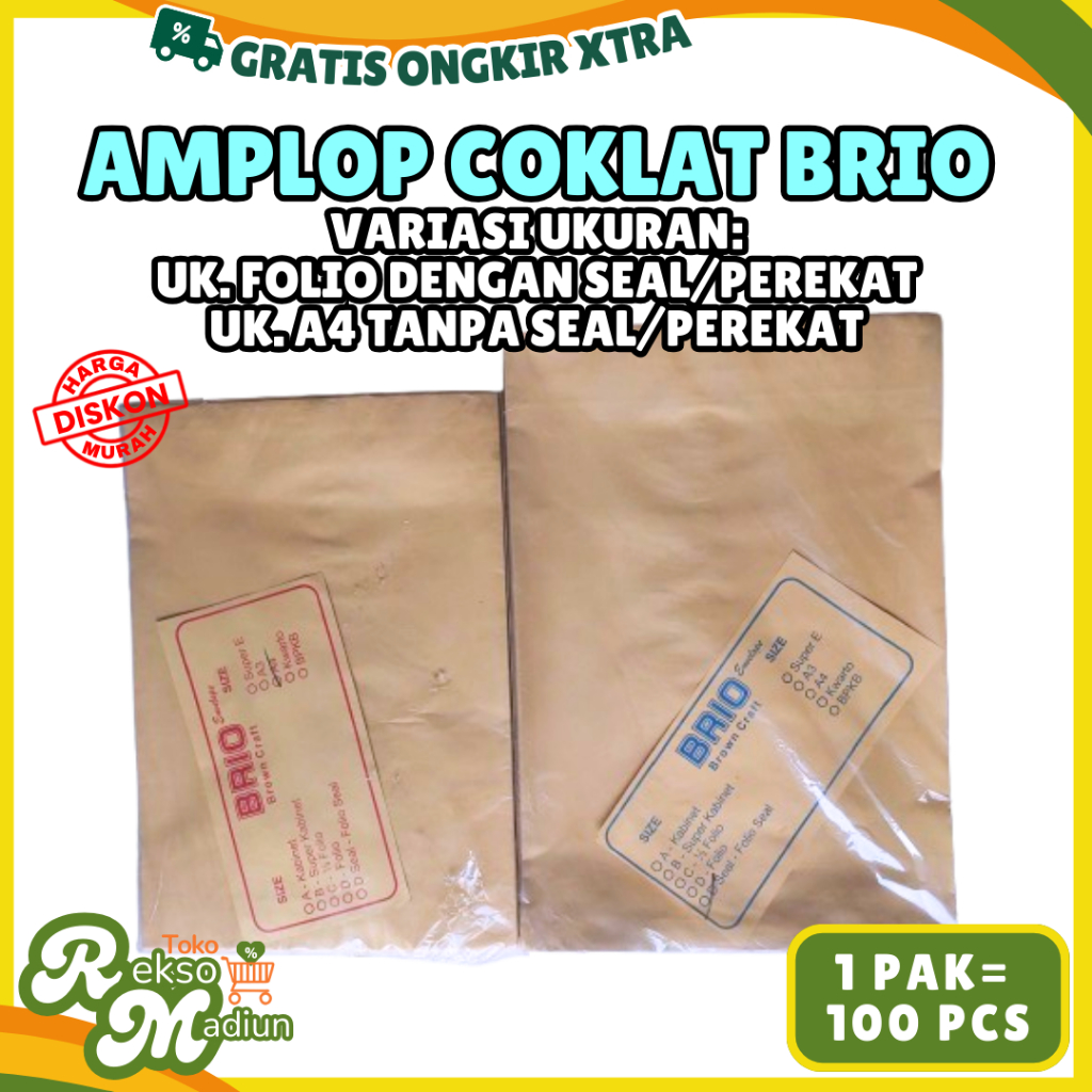 

AMPLOP COKLAT Polos BRIO Besar Folio A4 Isi 100 Pcs Per Pak Dengan dan Tanpa Lem Perekat