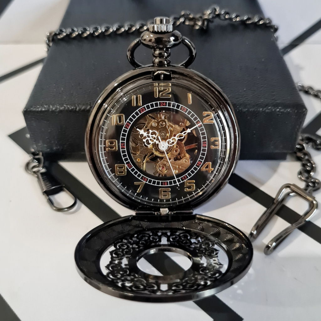POCKET WATCH Oscar Jam Kantong Saku Automatic Mekanik Half Hunter Skeleton Hitam Gold Tanpa Baterai