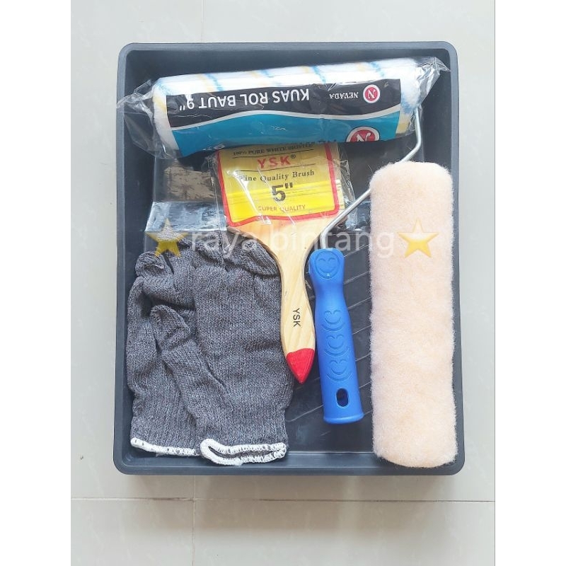 Paket Bak 6In1 Kuas Roll 9Inch Kuas 5Inch Refill Sarung Tangan Rajut 3 Benang Peralatan Mengecat