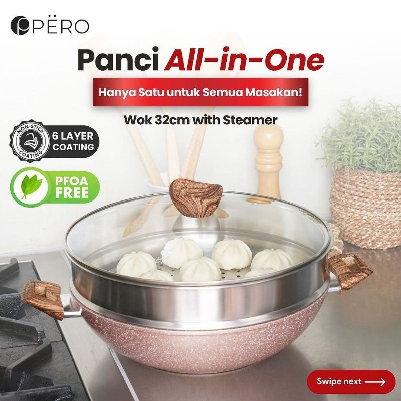 Pero Wok pan dan Steamer kukusan 32 cm Creamy