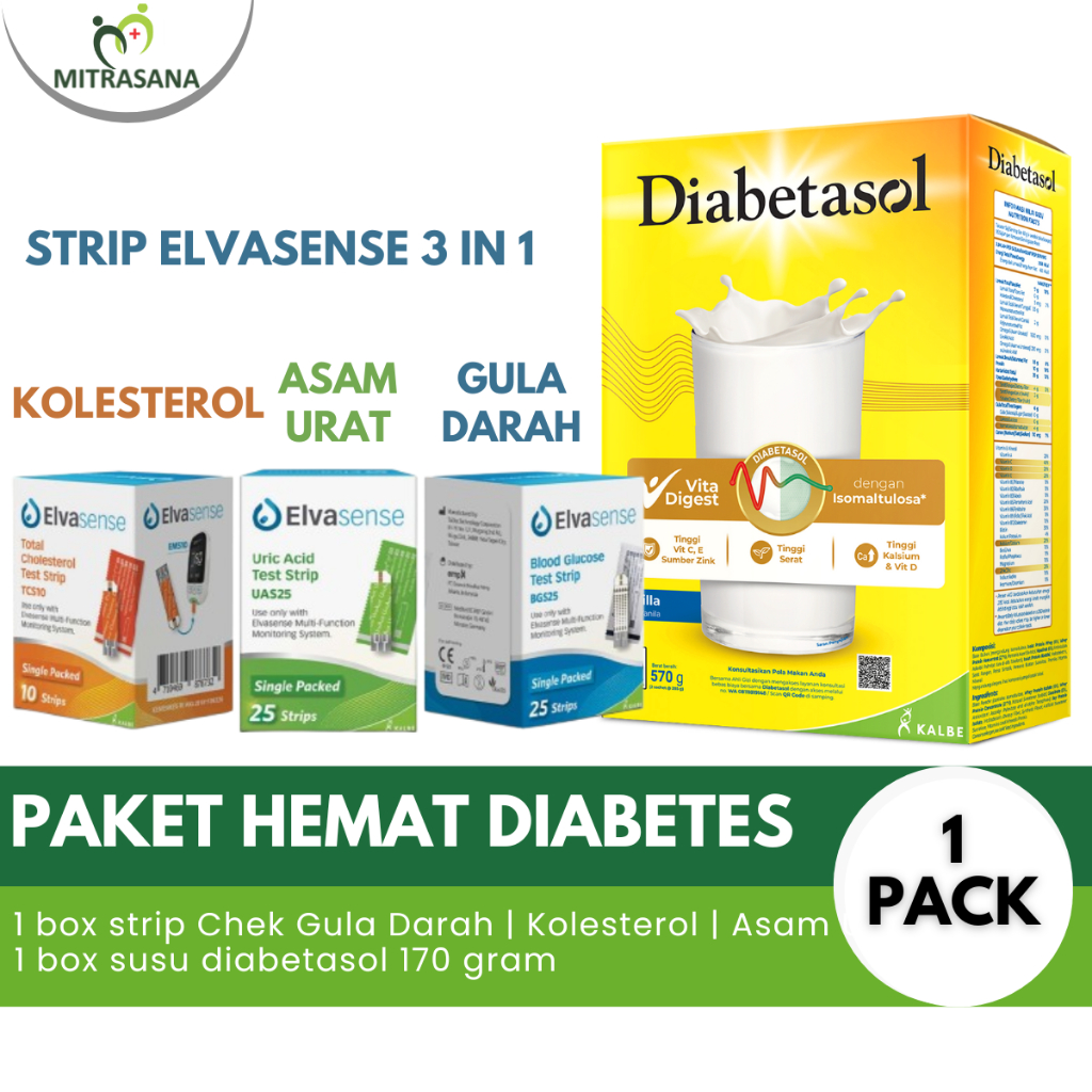 

Diabetasol x Elvasense Paket Hemat Strip Cek 3 in 1 & Susu Diabetasol 170 Gram