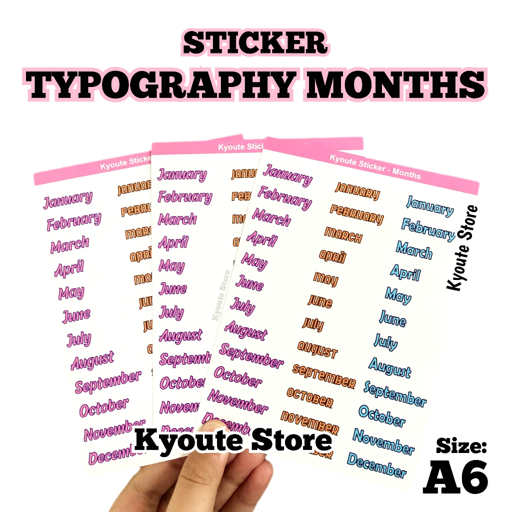 

Sticker 12 Nama Bulan Tahunan (Months in English) Tipografi Kyoute A6 Vinyl Matte Dekorasi Planner