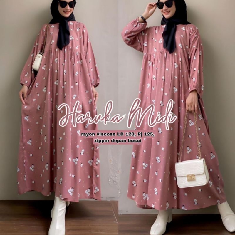 Haruka Midi - Midi Dress Jumbo LD 150 140 130 120 110 PB 125 Rayon Adem Motif Bunga XL XXL XXXL XXXX