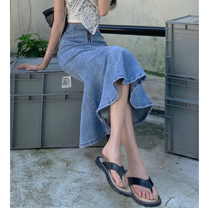 Meissi.Id Skirt Denim Wanita Biru/Hitam Terbaru Jumbo Rok Jeans Highwaisted Skirt Jeans midi Length 