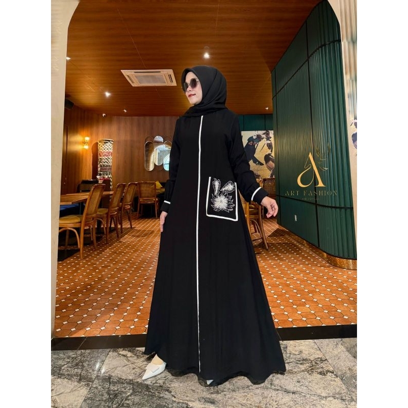 Abaya Gamis List Bordir Dress Abaya Simpel Warna Hitam