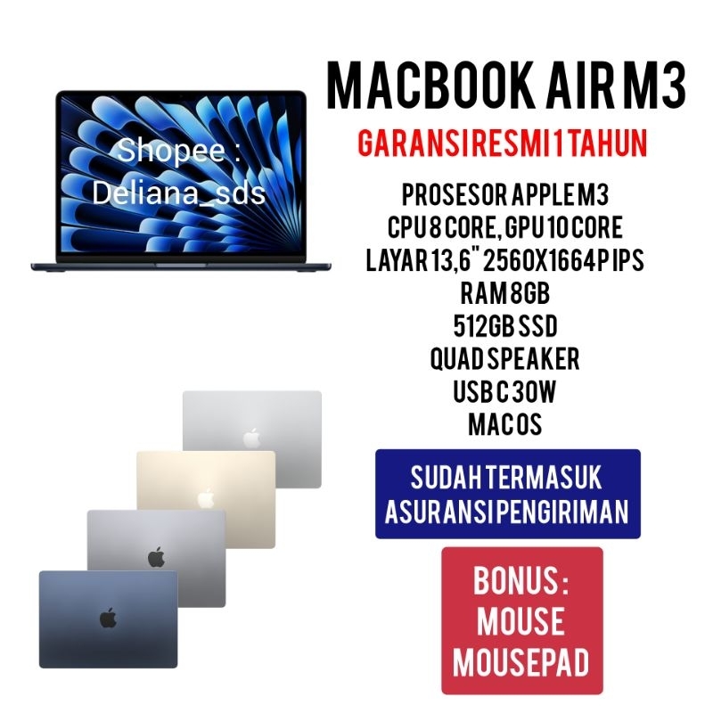 Macbook Air M3 2024 13 512GB Garansi Resmi 1 Tahun Macbook Air M3 2024 512GB 13 Macbook Air M3 13 51