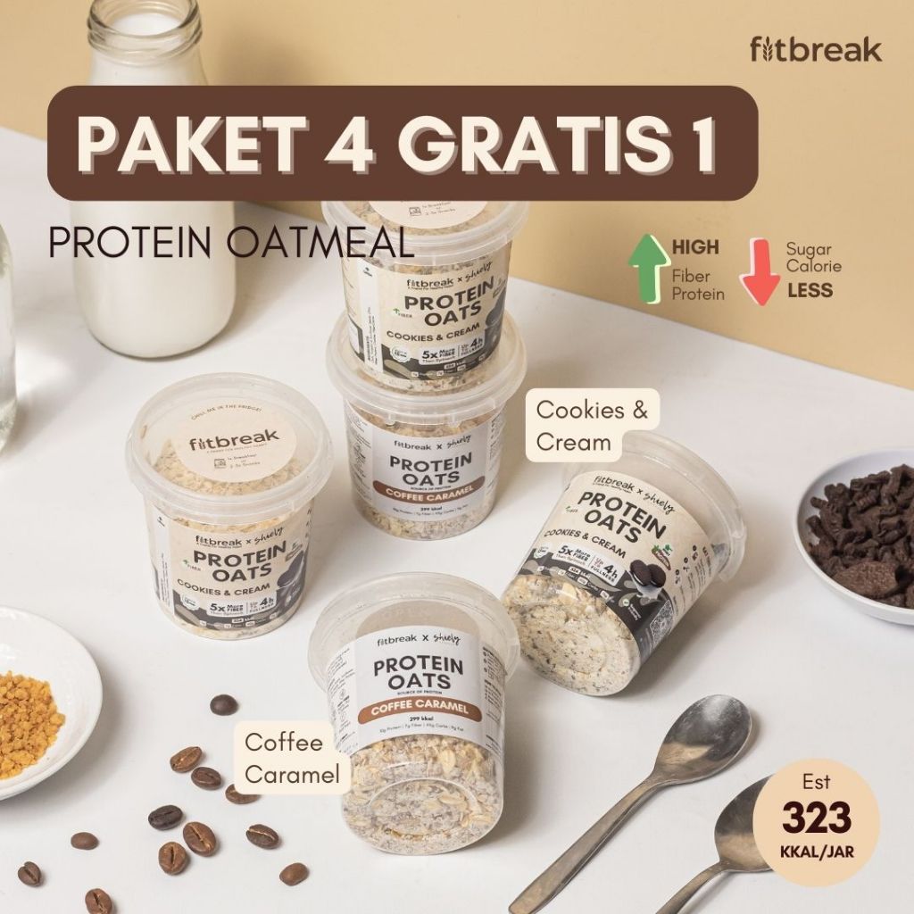 

Protein Oatmeal Paket 4 Gratis 1 Fitbreak Tinggi Serat / Healthy Snack / Instant Oats / Overnight Oats / Diet Friendly / Sarapan / Oatmeal